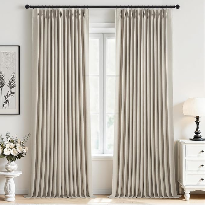 Pinch Pleated Linen Curtains 96 Inches Long for Living Room Bedroom 2 Panels Light Gray Beige Thick Linen Textured Light Filtering Back Tab Pinch Pleat Hooks Rings Semi Sheer Curtain Drapes Rustic 8FT