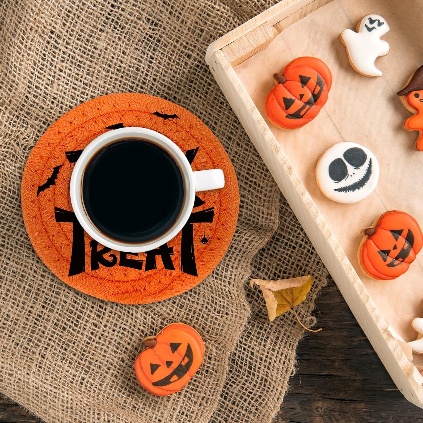 Whaline Happy Halloween Cotton Coasters Black Orange Pumpkin Face Handmade Braided Drink Coasters Absorbent Cup Mats for Trick or Treat Party Home Table Decor, Set of 4