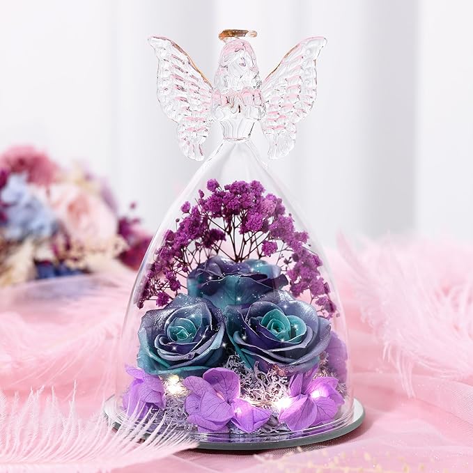 Mothers Day Rose Gifts for Women Preserved Real Flower in Glass Angel Figurines Roses for Delivery Prime Birthday Gifts for Mom Grandma Girlfriend Wife Her, GlitterBluePurple