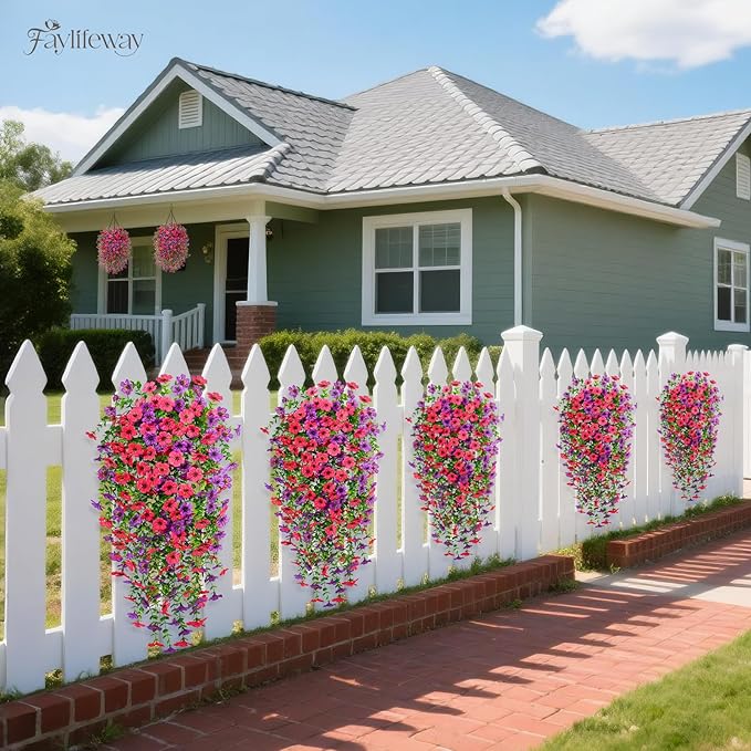 Artificial Hanging Flowers for Outdoors Spring Summer Decoration, 4PCS UV Resistant Silk Fake Hanging Plants for Patio Porch Front Yard Window Garden Indoor Decor(Purple&Hot Pink,4PCS)