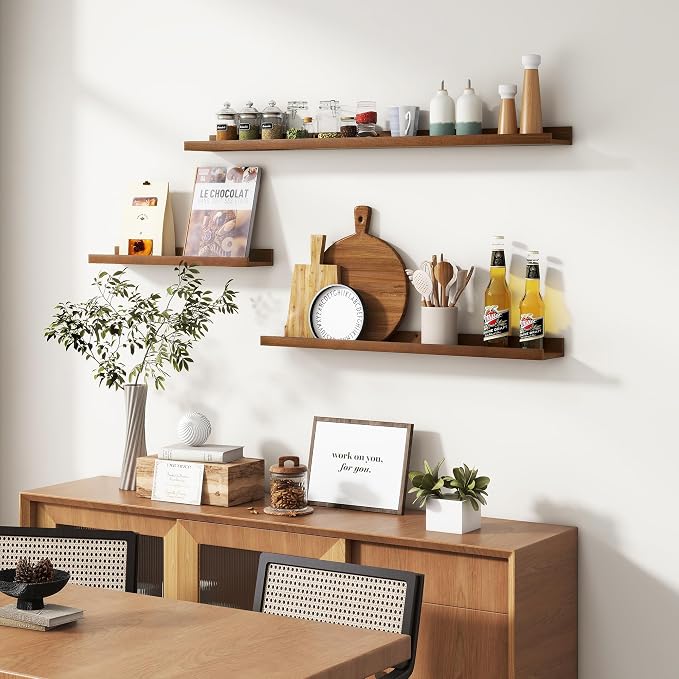 FLYJOE Picture Ledge Wall Shelves - Set of 3, 56 inches Width, Solid Pine Wood Rustic Floating Ledge Shelves for Kids' Room, Bedroom, Kitchen, Bathroom, Walnut
