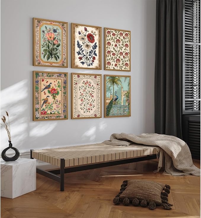 Indian Wall Art Vintage Floral Canvas Poster India Wall Decor Folk Flower Prints Scandinavian Pictures Antique Botanical Painting Gallery Artwork for Bedroom Living Room 12x16x6 Inch Wood Framed