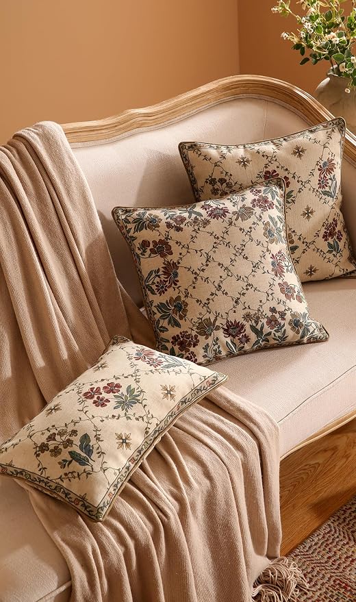 patdrea French Vintage Linen Throw Pillow Cover,12"x20",Set of 2-Audrey A | Decorative Pillow Case with Zipper,Brown Floral Pattern,Pillow Cover for Couch Living Room Bedroom Sofa