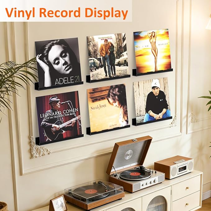 Optish 12 Pack Vinyl Wall Mount Shelf, 12" Vinyl Record Holder, Clear Record Shelf Display and Storage, Acrylic Shelves for Wall, Nursery, Living Room, Bedroom, Black