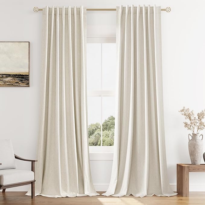 Guken 100% Blackout Linen Curtains 120 Inch Length 2 Panels Set for Living Room Bedroom Back Tab/Rod Pocket Thermal Insulated Black Out Drapes Room Darkening Farmhouse Window Curtains 52x120