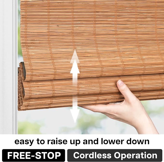 LazBlinds Cordless Blackout Bamboo Roman Shades, 29x64, Papara Carbon | Room Darkening Blinds for Interior Windows, Thermal Insulated Roll Up Bamboo Blinds for Home & Patio