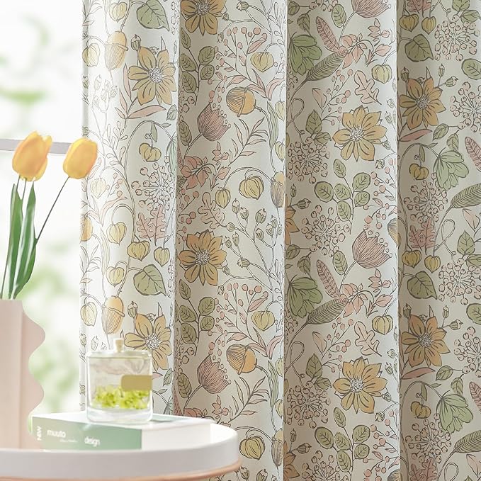 jinchan Nursery Curtains 95% Blackout Yellow Floral Curtains for Girls Room, 84 Inch Length Farmhouse Drapes for Bedroom Living Room Darkening Window Treatment Fall Decor Grommet Top Set of 2 Panels