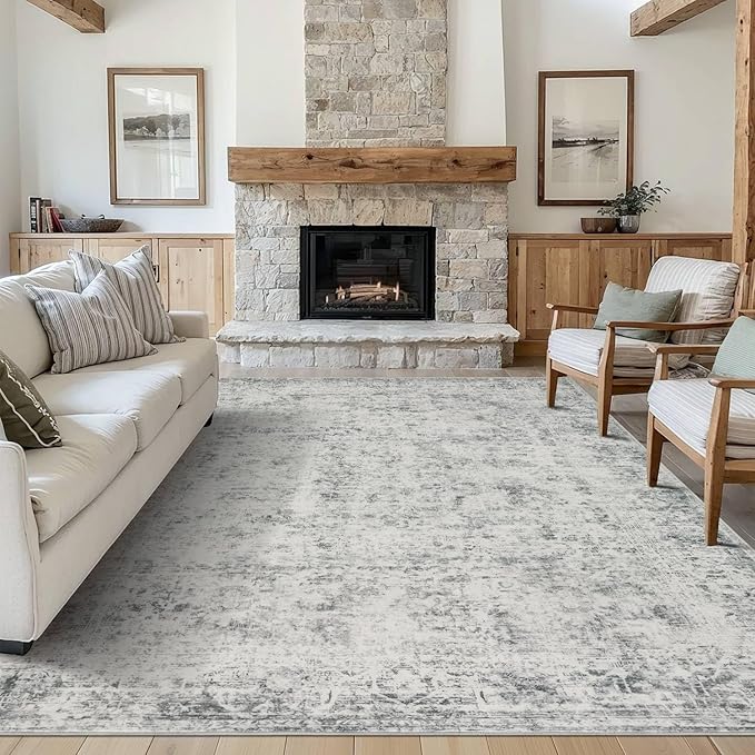 Rugxara 5x7 Area Rugs for Living Room Bedroom, Grey Washable Rug, Vintage Abstract Boho Rug, Non Slip & Low Pile Faux Wool Carpet for Indoor Dining Room and Farmhouse(Grey 5x7ft)