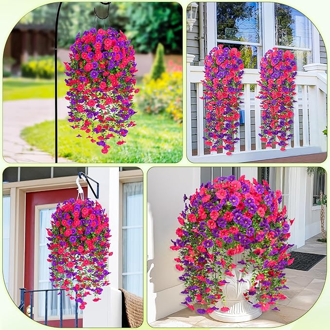 Dolicer 8 Pack Look Real Artificial Flowers for Outdoors, Fake Artificial Hanging Flowers for Outdoors Realistic UV Resistant Hanging Flowers Silk Petunia Faux Flowers for Porch Patio(Purple+Rose Red)