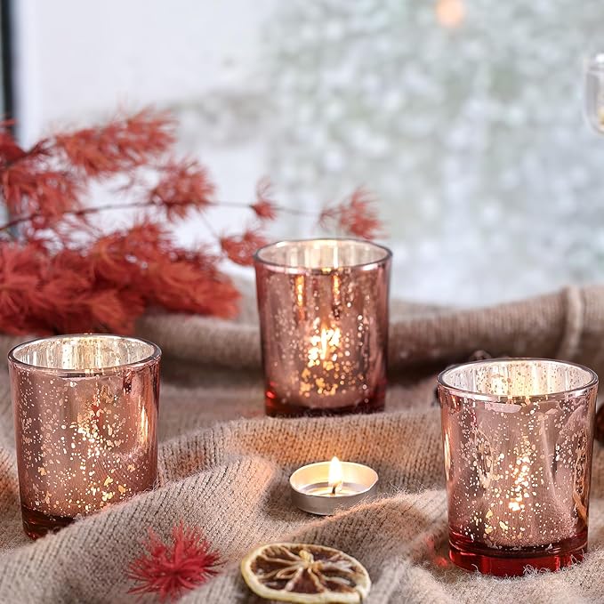 Volens Rose Gold Votive Candle Holders Set of 12, Mercury Glass Tealight Candle Holder Bulk for Wedding Decor and Home Decor