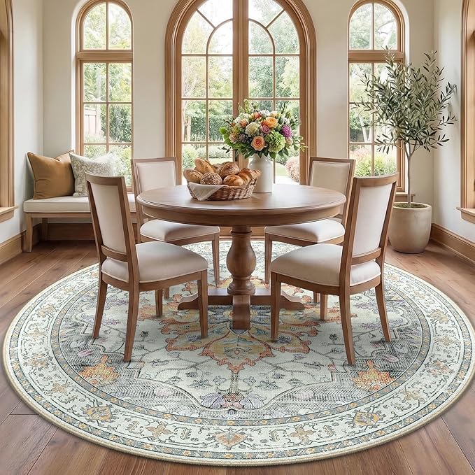 RELEANY Area Rugs 7ft Washable Non-Slip, Floral Vintage Distress Print Pattern Medallion Carpet for Living Room Bedroom Dining Room, Light Yellow Carbon Grey Orange