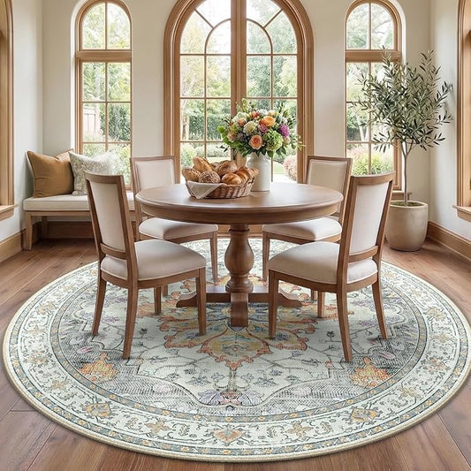 RELEANY Area Rugs 7ft Washable Non-Slip, Floral Vintage Distress Print Pattern Medallion Carpet for Living Room Bedroom Dining Room, Light Yellow Carbon Grey Orange