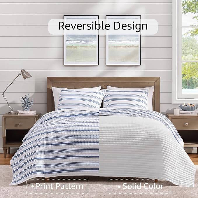 WRENSONGE Striped Queen Quilt-3 Pieces Lightweight Bedspread Blue White Quilt Queen Size Quilt Bedding Set for All Seasons, Soft Summer Reversible Nautical Coverlet with 2 Pillow Shams