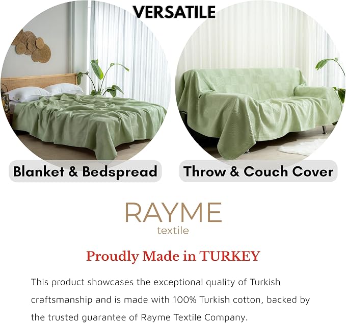 100% Turkish Cotton Blanket Queen Size Waffle Weave Blankets, Made in Turkiye, Light Airy Throw Bedspread (Mint Green, Queen Size Blanket 90 x 90 inch)