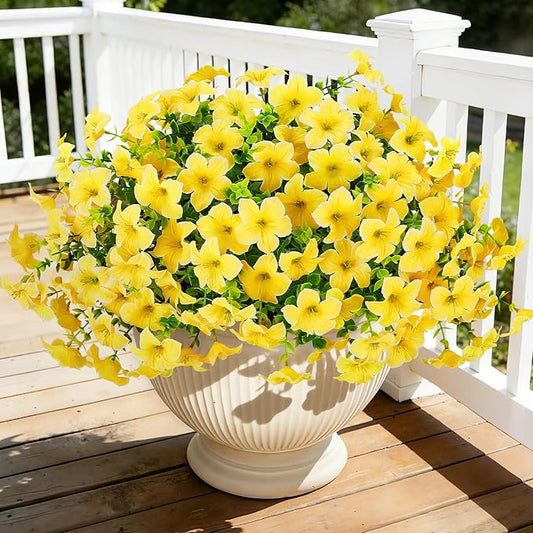 20 Bundles Artificial Petunias Flowers for Outdoors, Faux Silk Flowers UV Resistant Realistic Fake Plants for Outside Planters Porch Patio Yard Garden Spring Summer Home Decor, Yellow