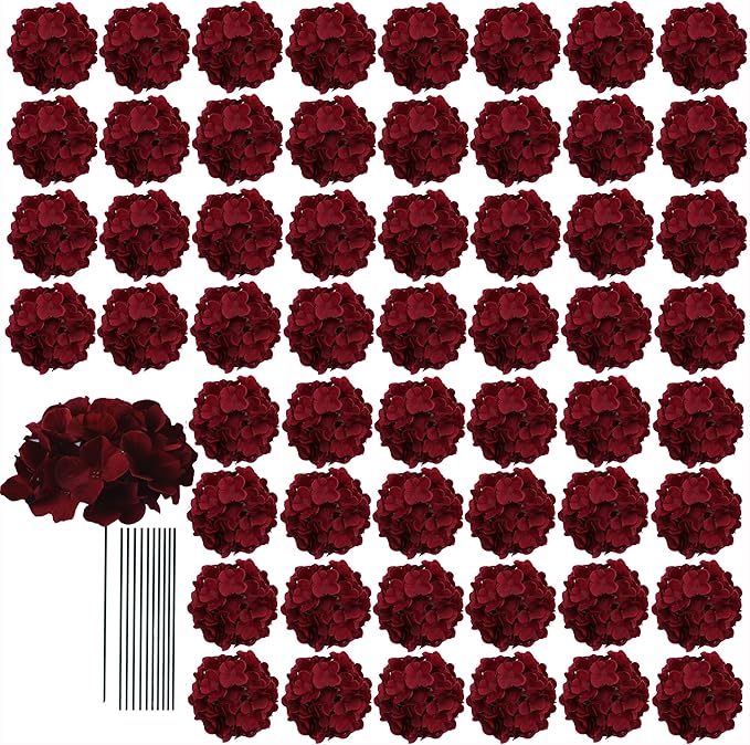 AVIVIHO 65Pcs Fake Flowers Burgundy Hydrangea Artificial Flowers Bulk (Not Squished, No Steaming Need) Silk Flowers with Stems for Wedding Decor,Home,Baby Shower,Table Centerpieces Decoration
