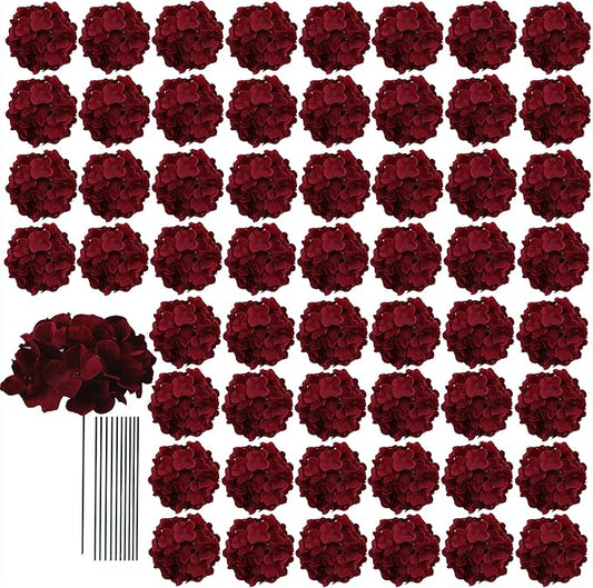 AVIVIHO 65Pcs Fake Flowers Burgundy Hydrangea Artificial Flowers Bulk (Not Squished, No Steaming Need) Silk Flowers with Stems for Wedding Decor,Home,Baby Shower,Table Centerpieces Decoration
