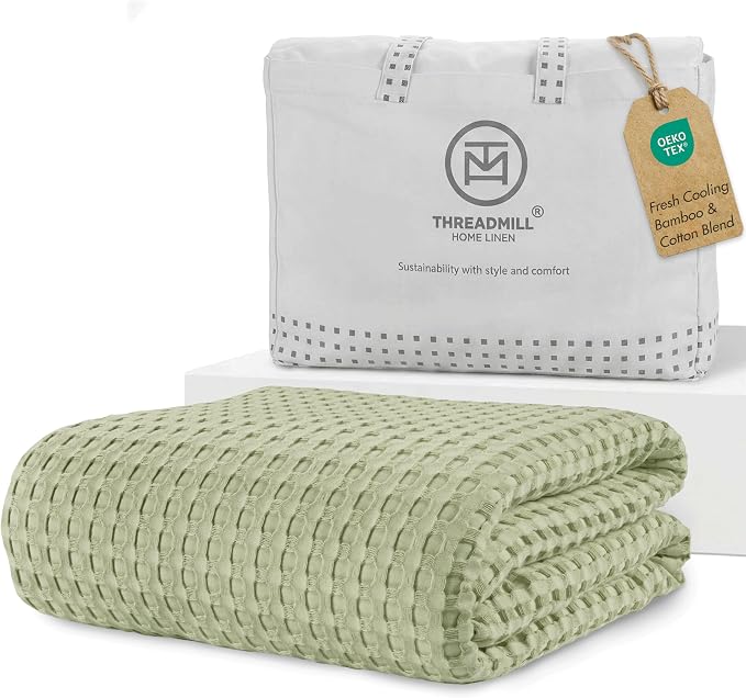 Threadmill Cooling Waffle Blanket King Size | Breathable, Lightweight and Cooling | Made from Rayon Derived from Bamboo | Waffle Throw Blanket for Couch and Sofa | 106 x 92 Inches | Sage Green