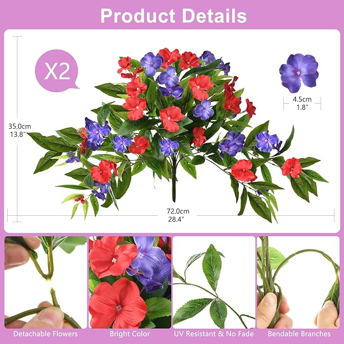 Hommyea Artificial Flowers for Outdoor, 2 Bundles UV Resistant Fake Plants Decoration Realistic Faux Silk Flowers No Fade Plastic Flowers for Outside Planters Home Porch Patio Yard Garden Decor