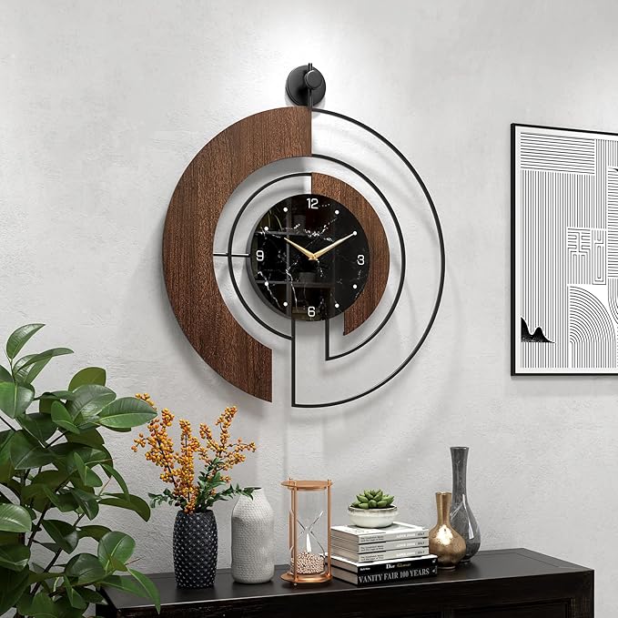 Modern Walnut Marble Dial Wall Clock, Large Wood Metal Frame Silent Non Ticking Wall Clocks for Living Room, Bedroom Decoration, Contemporary Home Wall Decor Gift Idea, 22 in
