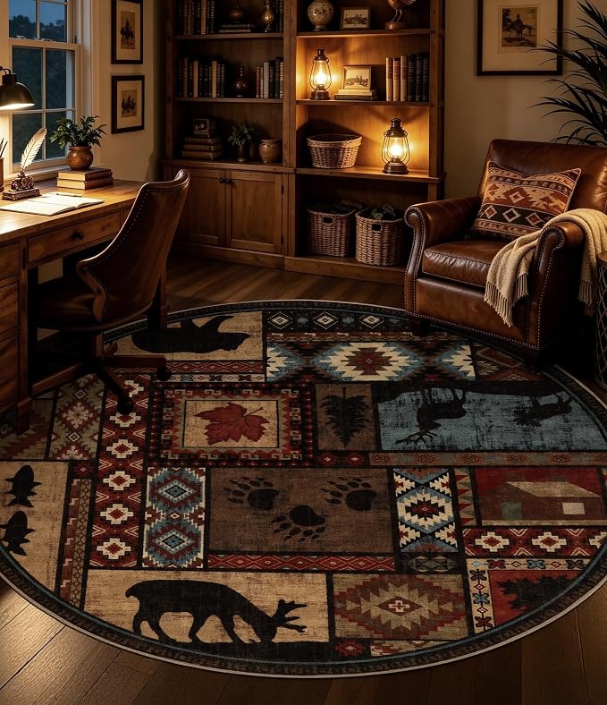YIHOUSE Rustic Round Rug 6ft, Washable Circle Area Rug with Non-Slip Backing, Low Pile Soft Western Cabin Rugs for Living Room, Bedroom