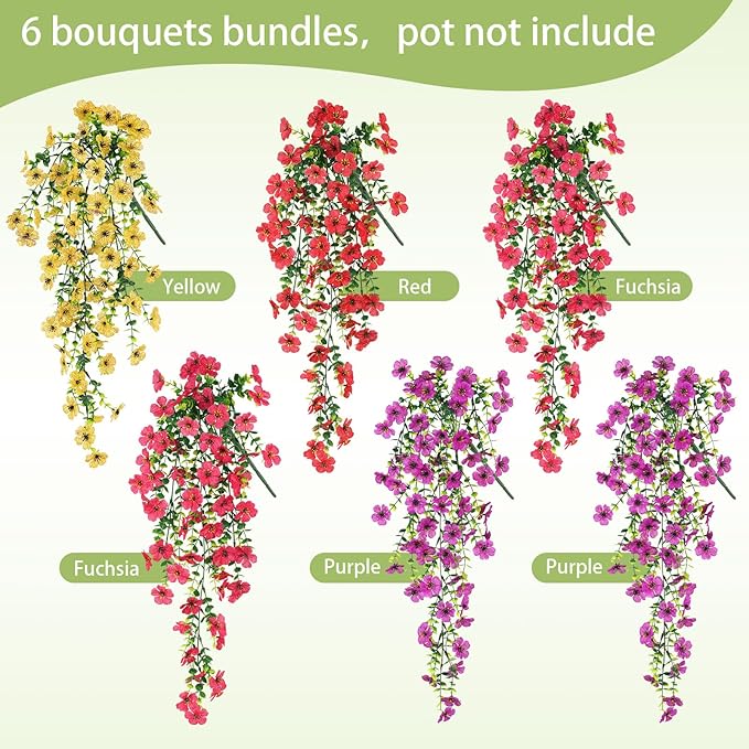 Artificial Flowers for Outdoors Spring Decor, 6 Bundles UV Resistant Realistic Faux Silk Hanging Flowers, Fake Plants for Planter Indoor Outside Garden Porch Patio Balcony Yard Farmhouse