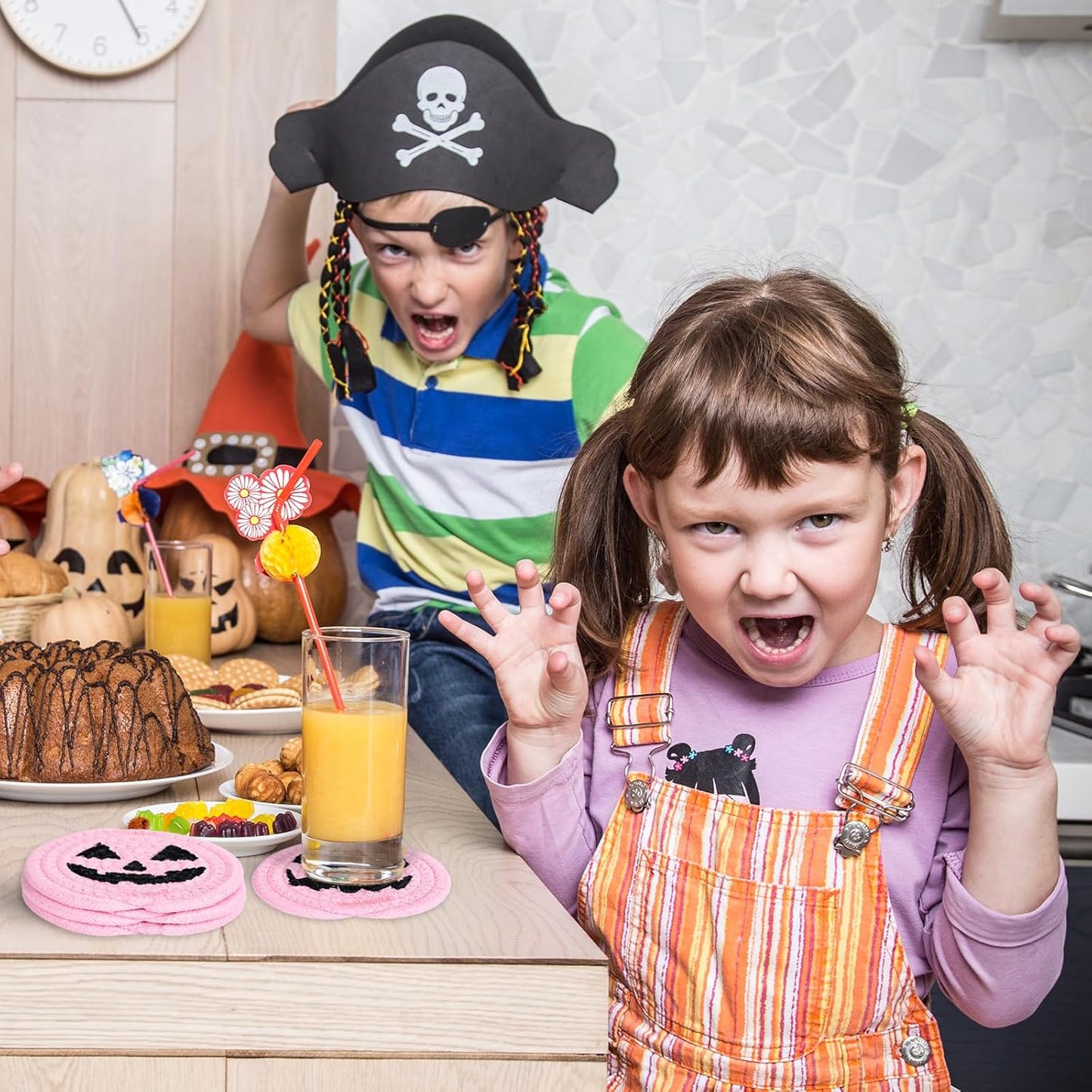 Whaline Halloween Pumpkin Cotton Coasters Pink Pumpkin Face Handmade Braided Drink Coasters Absorbent Cup Mats for Trick or Treat Party Home Table Decor, Set of 4