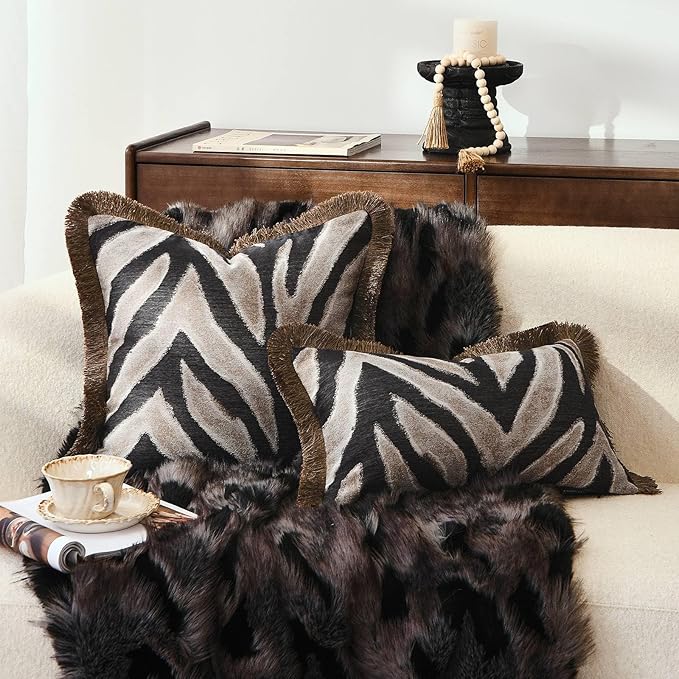 Designer Zebra Throw Pillow Cover with Brown Fringe, Luxury Zebra Pattern Jacquard Design Decorative Pillow Cover for Modern & Classic Home Decor,18x18 Inch (Single Pack)