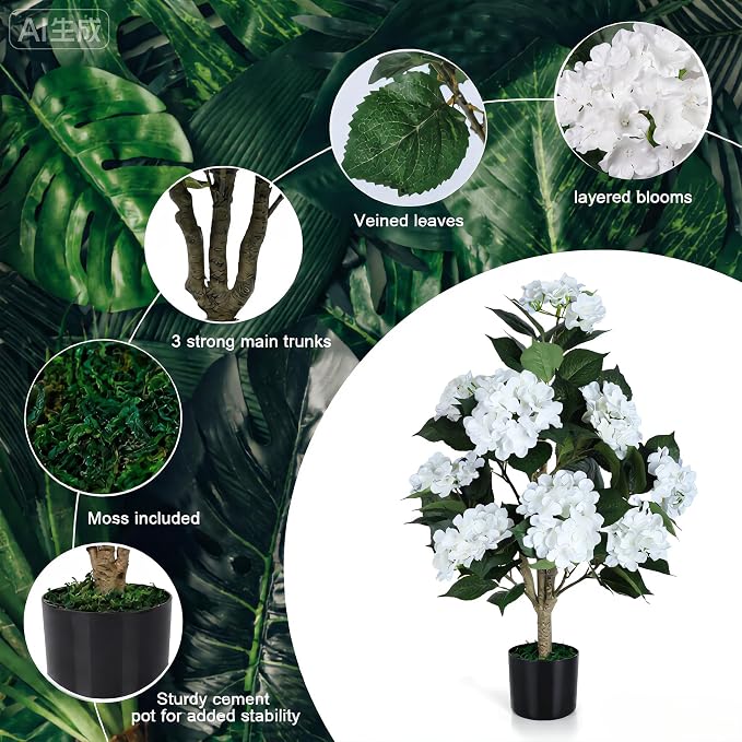 Faux Hydrangea Tree 3ft Set of 2,Artificial Hydrangea Bush UV Resistant,Fake Hydrangea with White Flowers in Pot,Artificial Plants for Outdoor Indoor Front Porch Patio Office Decor