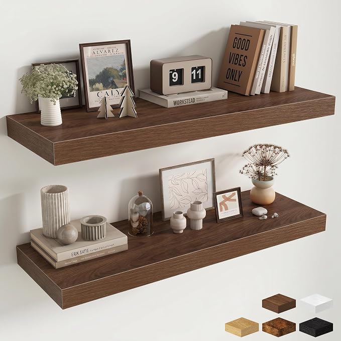 Fun Memories 12" Deep Floating Shelves for Wall, 36" W x 12" D Floating Shelves, Long Wood Floating Wall Shelf for Living Room Bathroom Bedroom Kitchen, Walnut, Set of 2