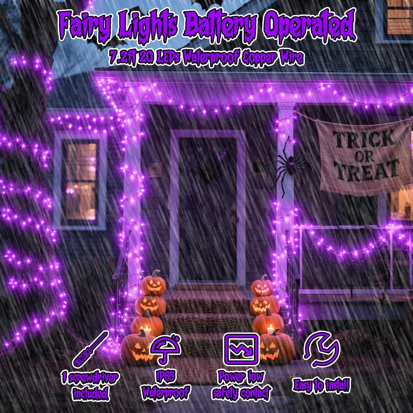 TingMiao Halloween Purple Fairy Lights Battery Operate,7.2ft 20 LEDs String Lights Silver Copper Wire for Hallowen Christmas DIY Decoration Wedding Party (6 Pack)