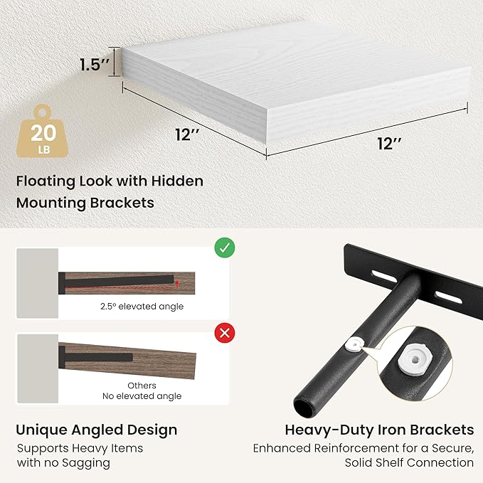 Fun Memories Rustic Floating Wall Shelves, Wall Mounted Wood Storage & Display Shelves for Bathroom, Bedroom, Living Room or Kitchen, (Set of 3, White, 12 in)