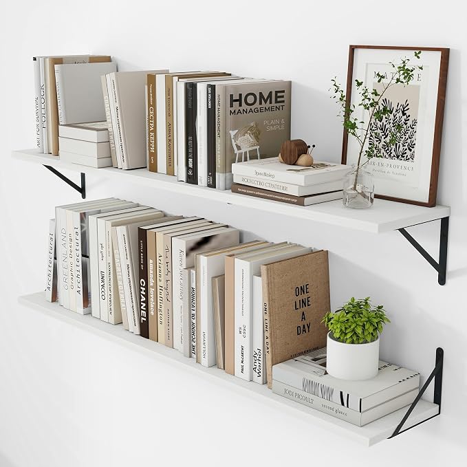 Vivelove White Deep Floating Shelves for Wall, 48W x 8D Wood Wall Shelves Set of 2, Wide Floating Bookshelf for Living Room, Kitchen, Office, Bedroom and Decor Storage, with Black Bracket - White