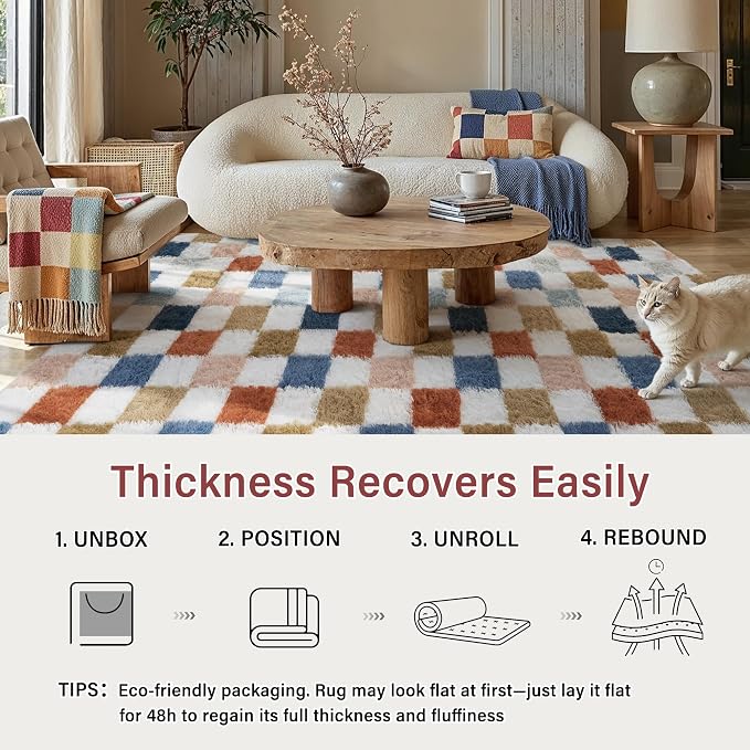 PureCozy Checkered Rug 4x6 for Living Room, Modern Rainbow Shag Rug Super Soft Washable Fluffy Rugs Indoor Fuzzy Carpet for Bedroom Home Dorm Aesthetic Decor
