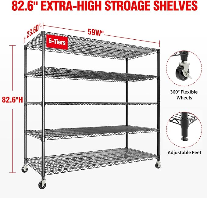 Garvee 5-Tier Metal Shelving with Wheels, Heavy Duty Rolling Storage Shelves 3300LBS Loads, Adjustable Wire Rack Shelving Unit for Garage Kitchen Pantry Commerial, 82" H x 59" W x 23.6" D, Black ﻿ ﻿