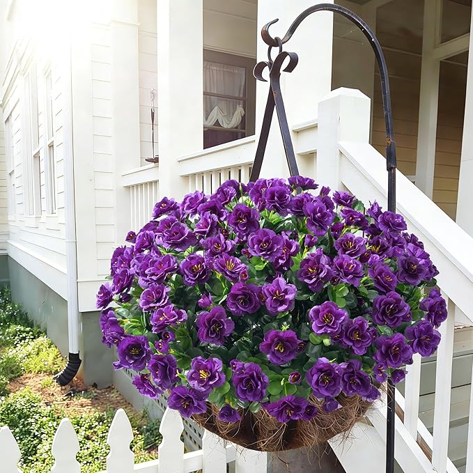 Artificial Faux Outdoor Flowers Plants for Spring Summer Decoration, Fake Silk Camellia UV Resistant Look Real for Planter Outside Front Door Porch Patio Balcony, 3 Large Bundles (Dark Purple)