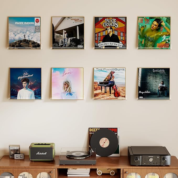 Laurensory 8 Pack Vinyl Record Shelf Wall Mount, 12-Inch Clear Acrylic Album Storage Holder, Floating Display Shelves for Wall Decor, Magazine Shelf, Kids Bookshelf, Suitable for Bedroom, Living Room