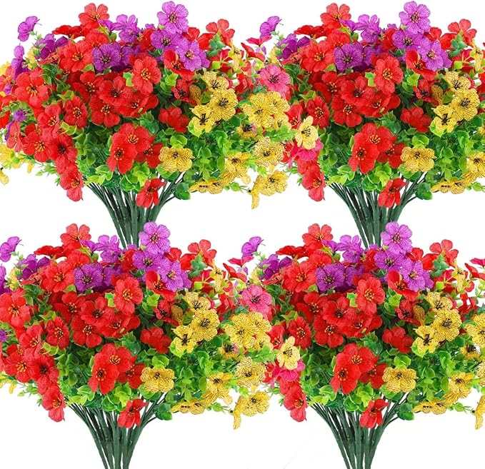 Rowfad 36 Bundles Artificial Flowers Outdoors UV Resistant Fake Plastic Spring Mum Flowers Colorful Silk Plants for Outside Porch Window Patio Home Decor(36, Red, Purple, Yellow, Rose Red)