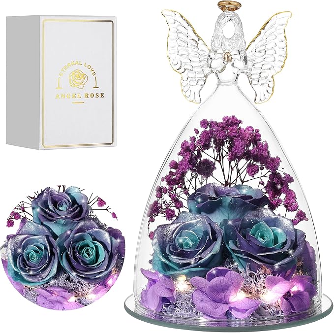 Mothers Day Rose Gifts for Women Preserved Real Flower in Glass Angel Figurines Roses for Delivery Prime Birthday Gifts for Mom Grandma Girlfriend Wife Her, GlitterBluePurple