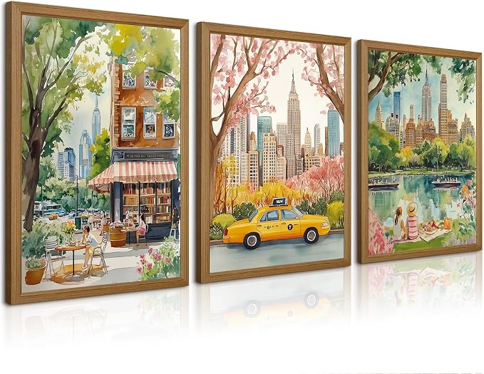 Watercolor New York City Wall Art Nyc Canvas Wall Decor Nyc Painting New York Landmarks Poster Travel Wall Art Central Park Artwork for Bedroom Living Room 16x24x3 Inch Wood Framed