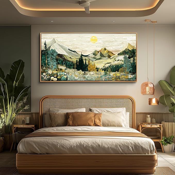 XIGUANGART Mountain Framed Wall Art,Large Canvas Wall Art - Floral Abstract Painting Decor, Vintage Flower Pictures,Modern Farmhouse Landscape Art Prints for Living Room Bedroom Office Home Decoration