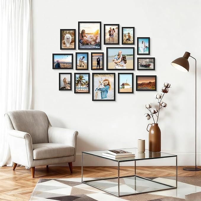 PEALSN 15 Pack Collage Picture Frames, Gallery Wall Frame Set with Three 8x10, Six 5x7, and Six 4x6, Multiple Photo Frames for Wall Gallery Decor, Black