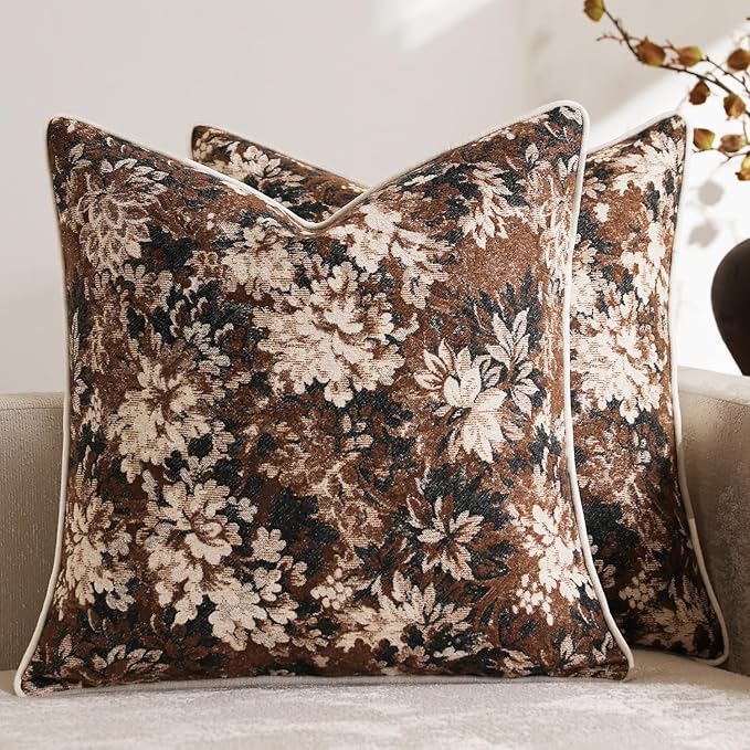DEZENE Pack of 2 Vintage Floral Throw Pillow Covers 16x16 Boho Farmhouse Accents Chenille Square Decorative Pillow Cases for Living Room Couch Bed Home Decor, Dark Brown