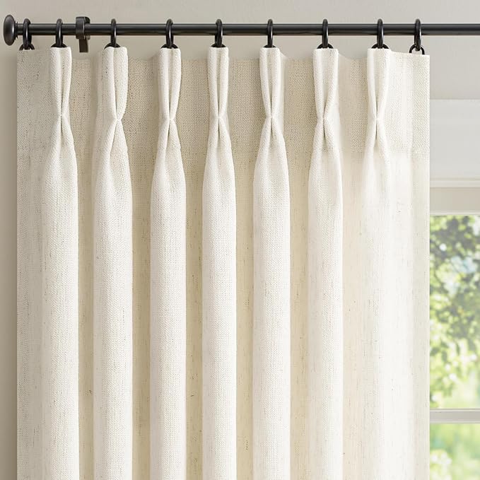 Beige Cream Pinch Pleated Linen Curtains 84 Inch Long for Living Room Bedroom 2 Panels Natural Birch Viral Back Tab Farmhouse Pinch Pleat Curtain with Hooks Rings Floor to Ceiling Semi Sheer Drapes