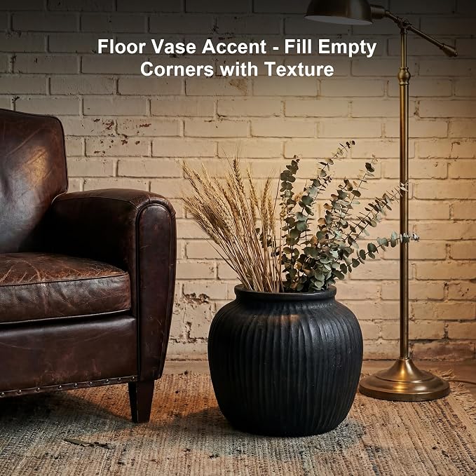 Oakrain Large Rustic Vase with Vertical Ribbed Texture, 11" Vintage Black Round Vase, Decorative Planter for Indoor, Table Centerpieces, Distressed Decor