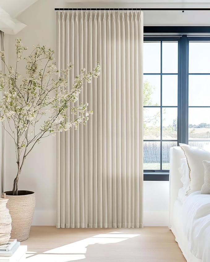 Linen Beige Pleated Curtains 90 Inches Long Patio Sliding Door Curtains 70 Inch Width Light Filtering Semi Sheer Curtain Drapes Oatmeal Tan Neutral Extra Wide 70x90 Curtain Panels for Living Room