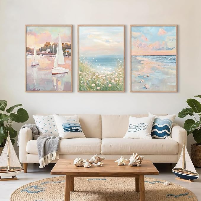 Pink Coastal Wall Art Coquette Beach Canvas Poster Summer Beachy Wall Decor Trendy Pastel Ocean Pictures Preppy Aesthetic Painting Wildflower Prints Sailboat Artwork for Bedroom 16x24 Inch Unframed