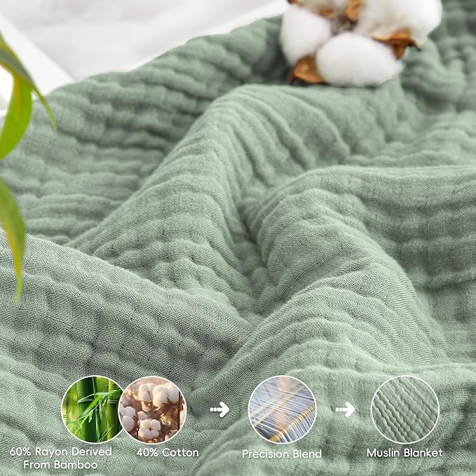 David's Home Soft Muslin Blanket Throw Size for Adults, 60% Rayon 40% Cotton, Breathable Lightweight Cooling Blanket for Hot Sleepers, 4-Layer Cozy Gauze for Bed, 50"x60", Sage Green
