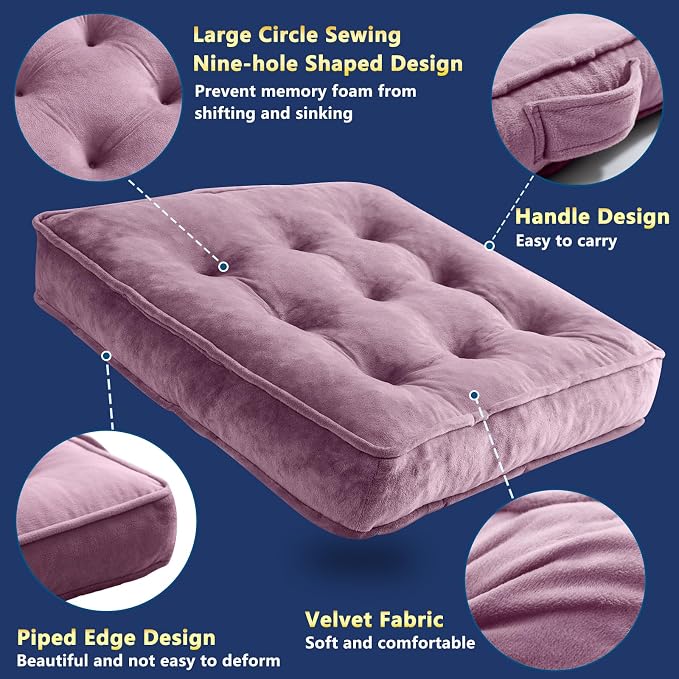 1 MIDDLE ONE Floor Pillow Set of 2, Memory Foam Meditation Cushion, Floor Cushions for Adults Sitting, Large Square Seat Cushions for Yoga, Living Room, 20x20 Inch (Purple)