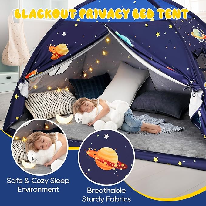 Full Bed Tent Canopy, Space Indoor Blackout Privacy Toddler Bed Tent for Kids with Light, Portable Sleeping Floor Kids Playhouse (Blue, Full Size)